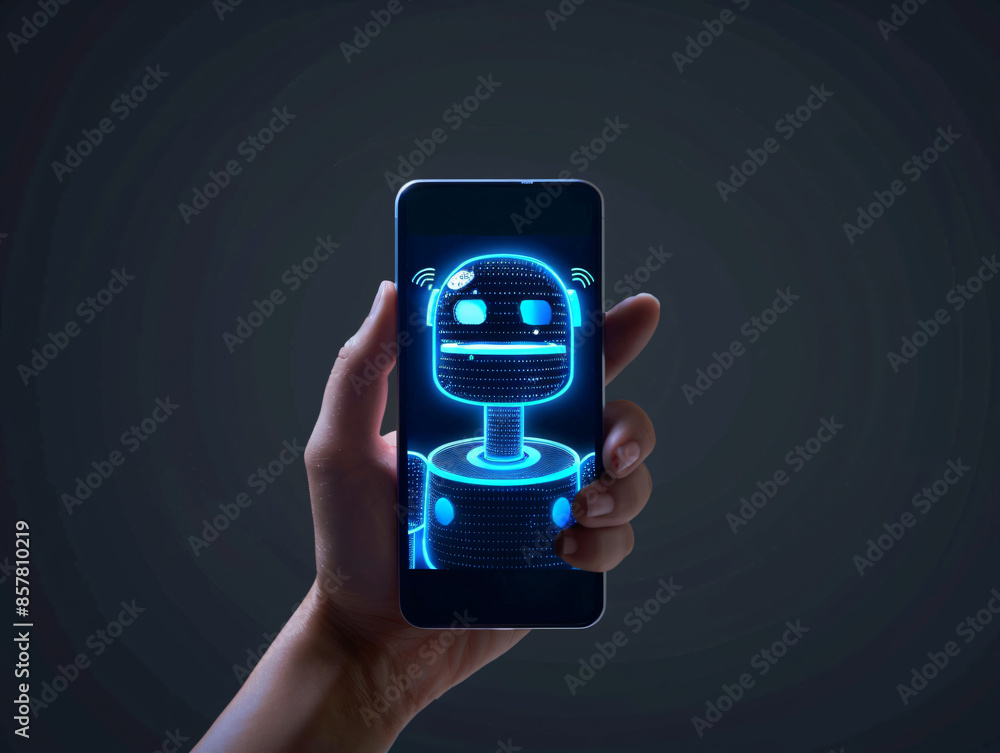 Poster a hand holds a smart phone with a chatbot icon displayed on the screen and a hologram of a virtual b
