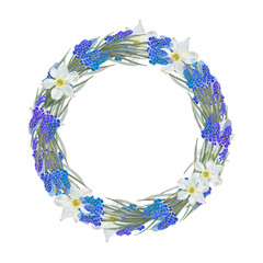 Fototapeta premium Spring Floral Wreath Frame with blue and white flowers, great for spring events or decoration