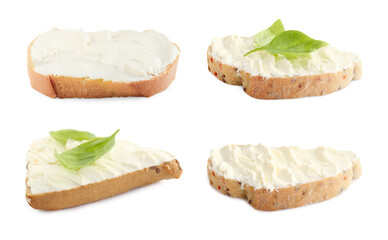 Delicious sandwiches with cream cheese isolated on white, set