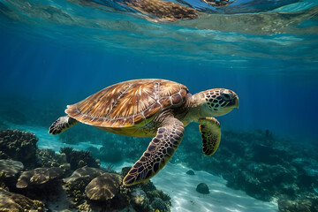 Obraz premium A giant sea turtle swimming under the ocean