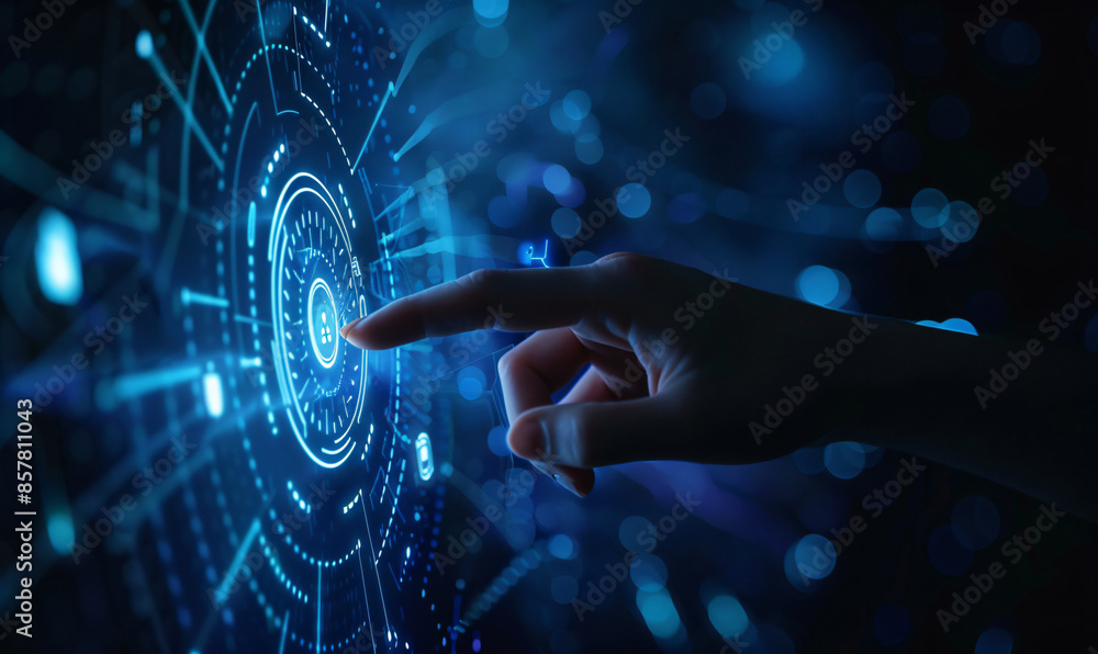 Poster fingers touching virtual icons on a digital futuristic interface with artificial intelligence techno