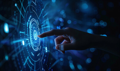 Fingers touching virtual icons on a digital futuristic interface with artificial intelligence technology concepts. A human hand finger points at a blue hologram brain symbol and social media icons