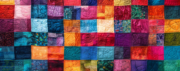A colorful patchwork quilt, its squares of fabric sewn together with love and care.