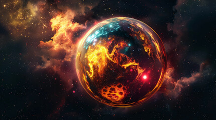 Obraz premium 3D Spectacular cosmic cloud explosion within transparent sphere with black background. Nebula and stars in space concept with purple neon. Abstract wallpaper and creative design, AI Generative.