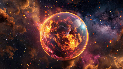 Fototapeta premium 3D Spectacular cosmic cloud explosion within transparent sphere with black background. Nebula and stars in space concept with purple neon. Abstract wallpaper and creative design, AI Generative.