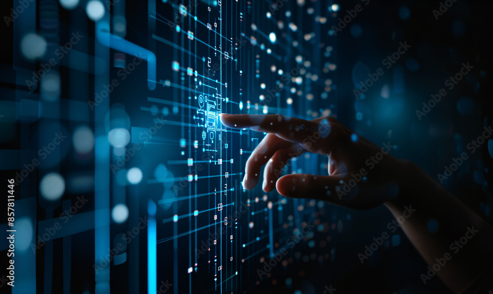 Poster fingers touching virtual icons on a digital futuristic interface with artificial intelligence techno