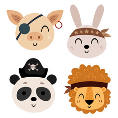 Pirate clipart. Pirate animal faces clipart. Pirate animal head clip art in cartoon flat style. Hand drawn vector illustration.