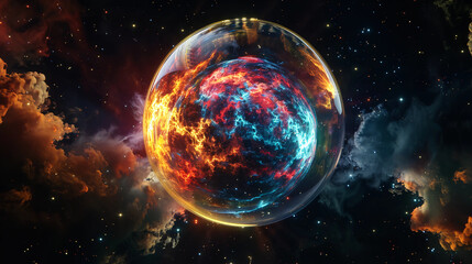 3D Spectacular cosmic cloud explosion within transparent sphere with black background. Nebula and stars in space concept with red neon. Abstract wallpaper and creative design, AI Generative.