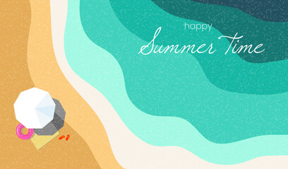 Happy summer time abstract banner, flyer, poster, web, background, with sea, beach and umbrella, template cover, wallpaper, social and media, vector illustration