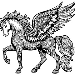 Fototapeta premium Realistic Pegasus Horse Adult Coloring Page Mandala Unicorn Horse Coloring Page Zentangle Horse Coloring Page