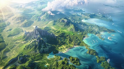 A beautiful landscape with mountains, lakes, and a large body of water. The sky is clear and the sun is shining brightly