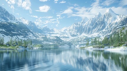 Fototapeta premium A beautiful mountain landscape with a large body of water in the foreground. The sky is clear and blue, and the mountains are covered in snow. The scene is peaceful and serene