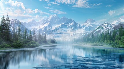 Fototapeta premium A beautiful mountain range with a river running through it. The sky is clear and blue, and the mountains are covered in snow. The scene is peaceful and serene, with the water reflecting the mountains