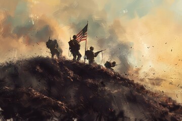 A painting of four soldiers standing on a hill with a flag in the air