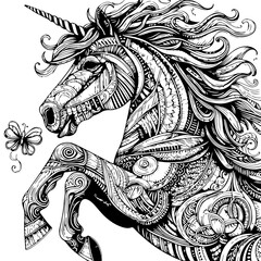 Realistic Rearing Unicorn Horse Adult Coloring Page Patterned Unicorn Coloring Page Mandala Horse Coloring Page