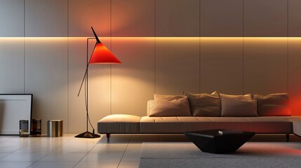 A modern living room with a minimalist aesthetic, featuring a sleek, black angular lamp with a single, bold red shade