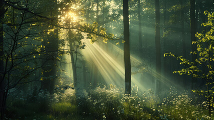 Summer forest scenery with warm light illumining the foliage. 