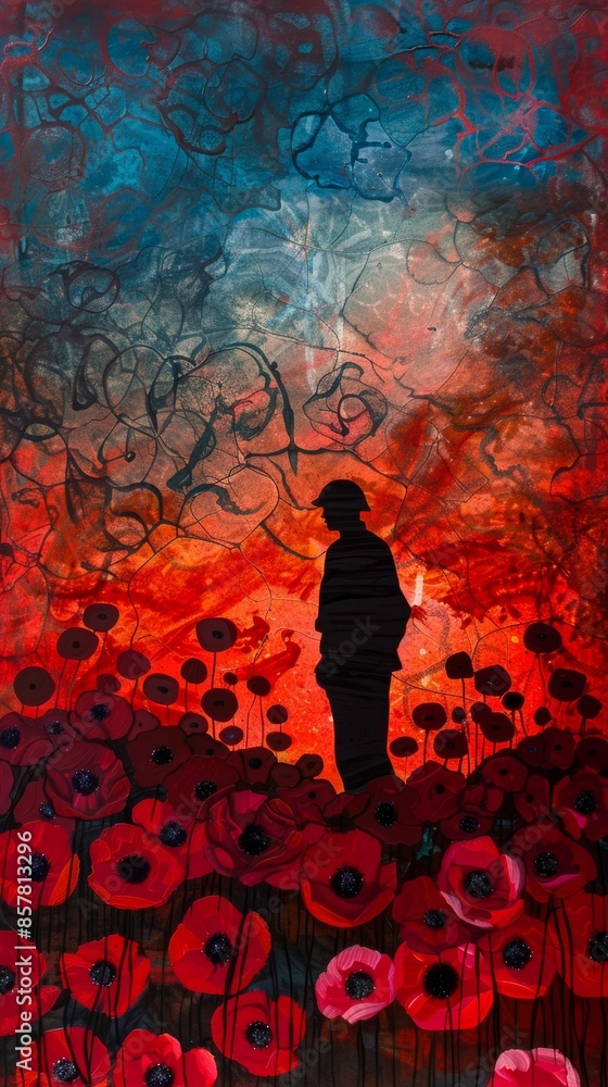 Canvas Prints a painting of a man standing in a field of red poppies