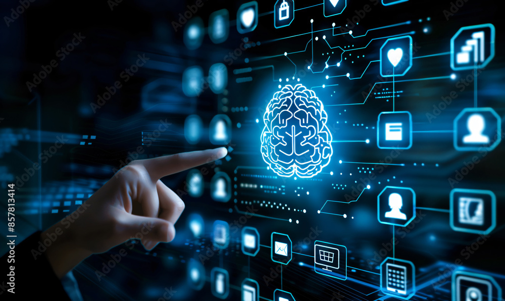 Poster fingers touching virtual icons on a digital futuristic interface with artificial intelligence techno