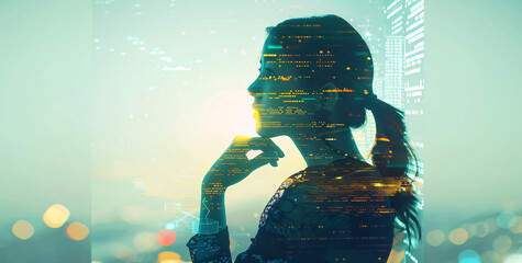 A conceptual illustration of the artificial intelligence concept with a business woman silhouette and digital data background, in the style of double exposure photography