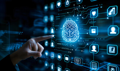Fingers touching virtual icons on a digital futuristic interface with artificial intelligence technology concepts. A human hand finger points at a blue hologram brain symbol and social media icons