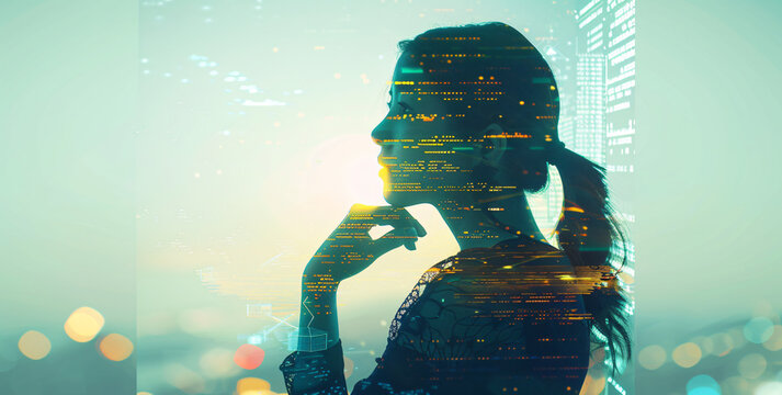 A conceptual illustration of the artificial intelligence concept with a business woman silhouette and digital data background, in the style of double exposure photography