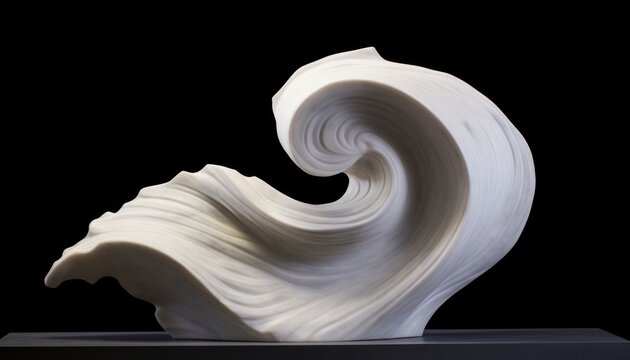 The image shows a white marble sculpture of a wave