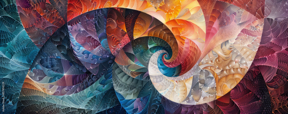 Poster a swirling vortex of geometric shapes, their intricate patterns and mesmerizing movements drawing th