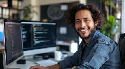 A smiling Middle Eastern male software developer sitting in front of his computer with code on the screen, wearing casual and curly black hair, in an office background.
