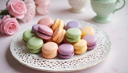 Fototapeta premium Colorful fruity pastel macaroons arranged on a white plate