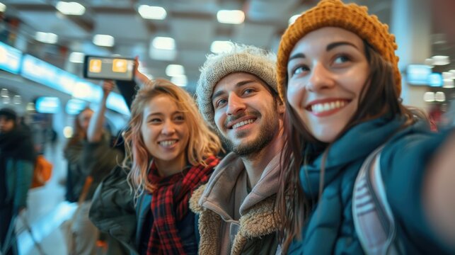 A group of excited friends taking a selfie together at the airport terminal just before their flight  They are smiling looking happy and ready for their upcoming adventure and travel