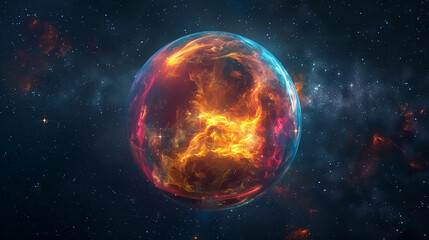 3D Spectacular cosmic cloud explosion within transparent sphere with black background. Nebula and stars in space concept with red neon. Abstract wallpaper and creative design, AI Generative.