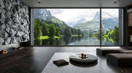 A refined living room with a quartz stone accent wall, a dark wood herringbone floor, and a panoramic window overlooking a serene alpine lake