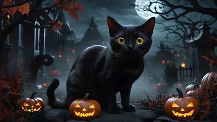 Halloween. Black cat with pumpkins
