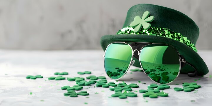 Festive St Patricks Day beer goggles with green shamrock and Irish hat. Concept St Patrick's Day, Beer Goggles, Green Shamrock, Irish Hat, Festive Outfit