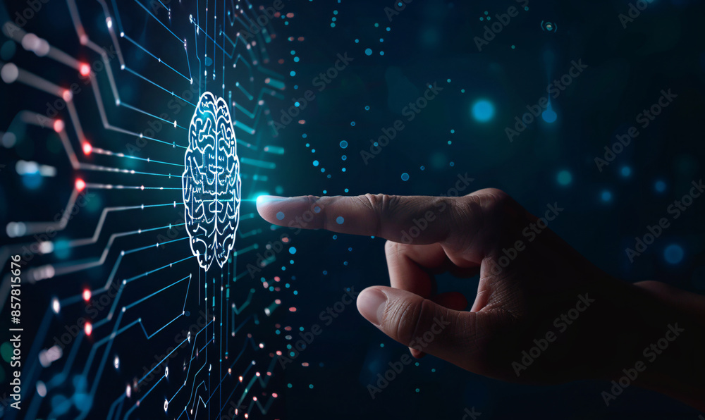 Poster fingers touching virtual icons on a digital futuristic interface with artificial intelligence techno