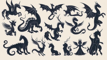 Fototapeta premium Silhouettes of mythical creatures including dragons, unicorns, fairies, and griffins in bold, dark colors