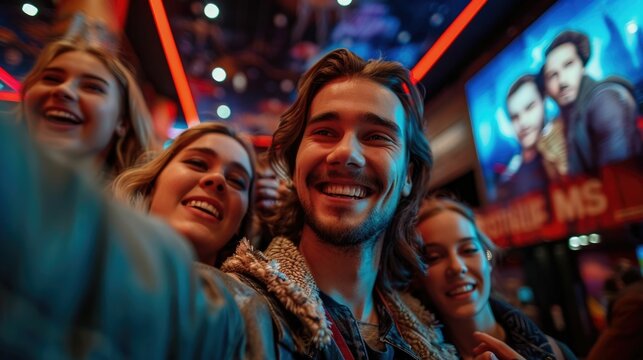 Group of cheerful friends taking a selfie in front of a movie poster in the lively theater lobby capturing the excitement and camaraderie of their shared cinematic experience - Powered by Adobe