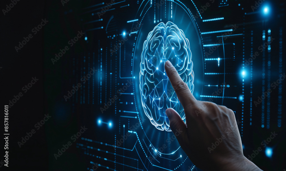 Aufkleber fingers touching virtual icons on a digital futuristic interface with artificial intelligence techno