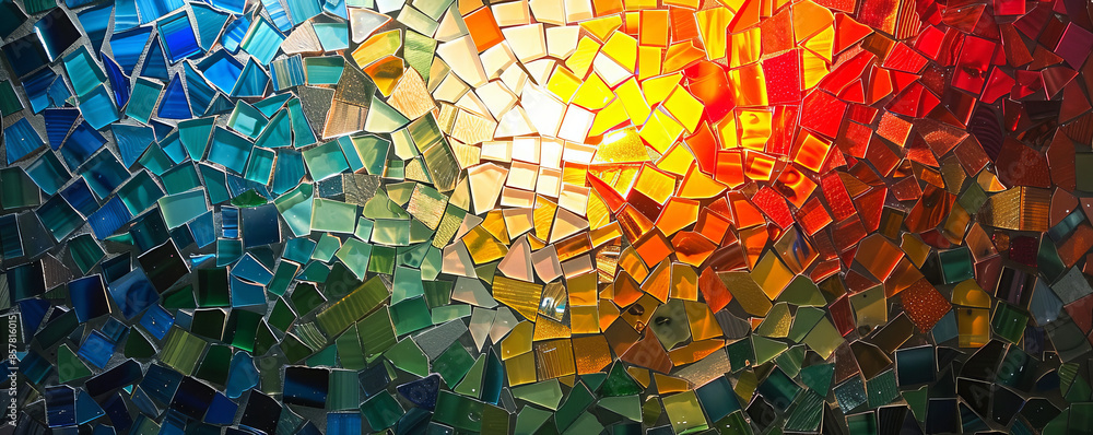 Poster a mosaic pattern made up of tiny pieces of colored glass, reflecting the light in a dazzling display