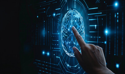 Fingers touching virtual icons on a digital futuristic interface with artificial intelligence technology concepts. A human hand finger points at a blue hologram brain symbol and social media icons