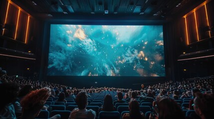 A large IMAX theater screen dominates the frame with rows of seats filled with an eager audience eagerly awaiting the start of the film projection