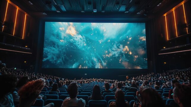 A large IMAX theater screen dominates the frame with rows of seats filled with an eager audience eagerly awaiting the start of the film projection