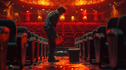 Hardworking cinema employee meticulously cleaning and tidying up the seats floor and other areas of the illuminated theater auditorium after a movie screening has ended