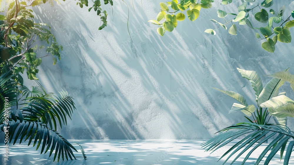 Wall mural white surface, surrounded by difference tropical plants and a minimal blue dreamscape