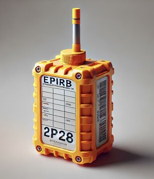 A 3D image of a bright orange EPIRB with a yellow top and an antenna, shown against a plain background with detailed textures.