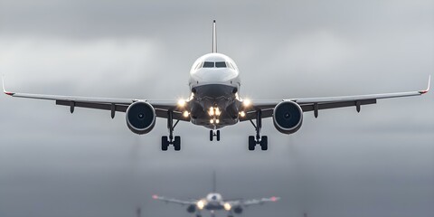 Naklejka premium Images of airplanes in flight or at airports demonstrating the impact of aircraft noise pollution. Concept Aircraft Noise Pollution, Aviation Industry, Environmental Impact, Airport Operations