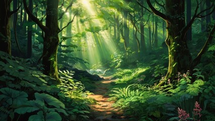 Obraz premium illustration of a magical forest scene, featuring sun rays filtering through dense foliage, illuminating a winding path and stream. Exudes serenity and enchantment.