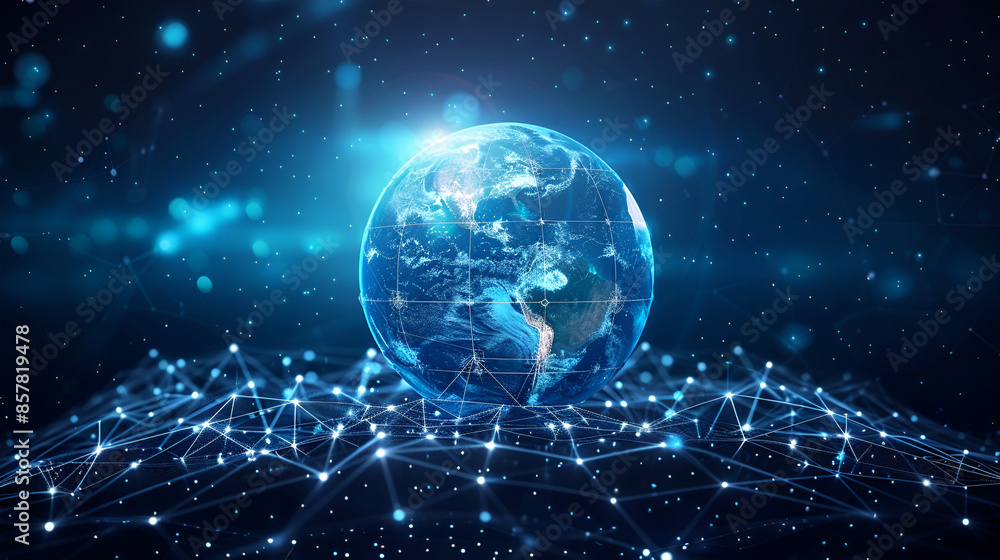 Poster digital world globe centered on america, concept of global network and connectivity on earth, high s