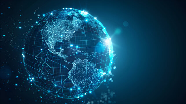 Digital world globe centered on North America, concept of North America global network and connectivity, data transfer and cyber technology, information exchange and telecommunication